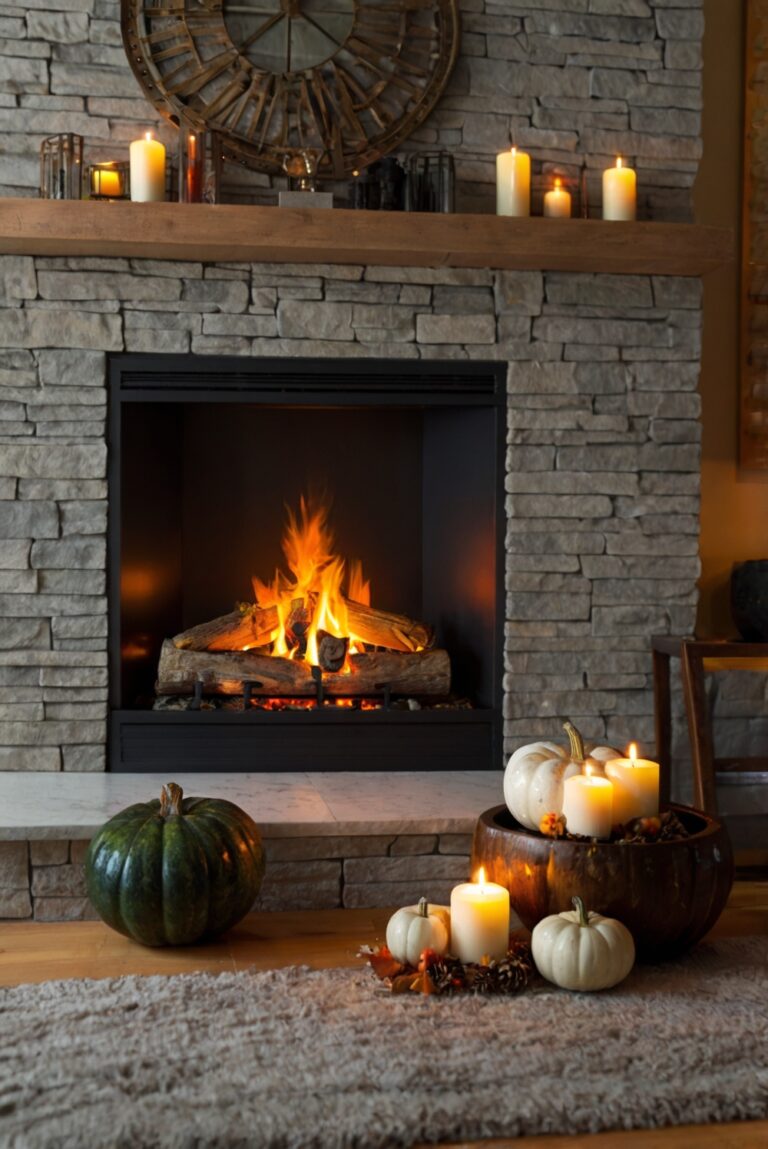 Fall fireplace decor, cozy home decor, autumn mantel decorations, fireplace centerpiece, rustic fireplace decor