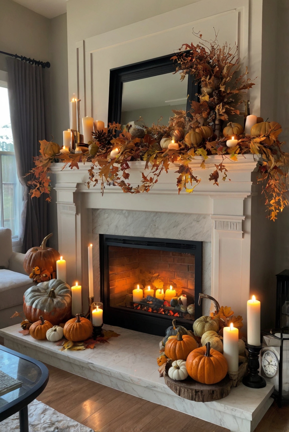 Fall home decor, Mantel decor, Seasonal mantel decorations, Autumn decorating ideas, Elegant fireplace decorations