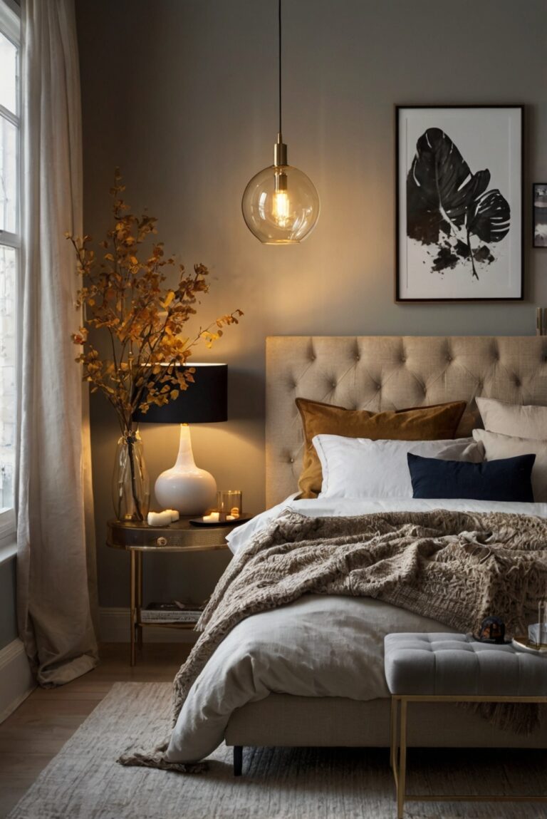 luxury bedding, cozy blankets, elegant decor, autumnal color scheme, seasonal accents