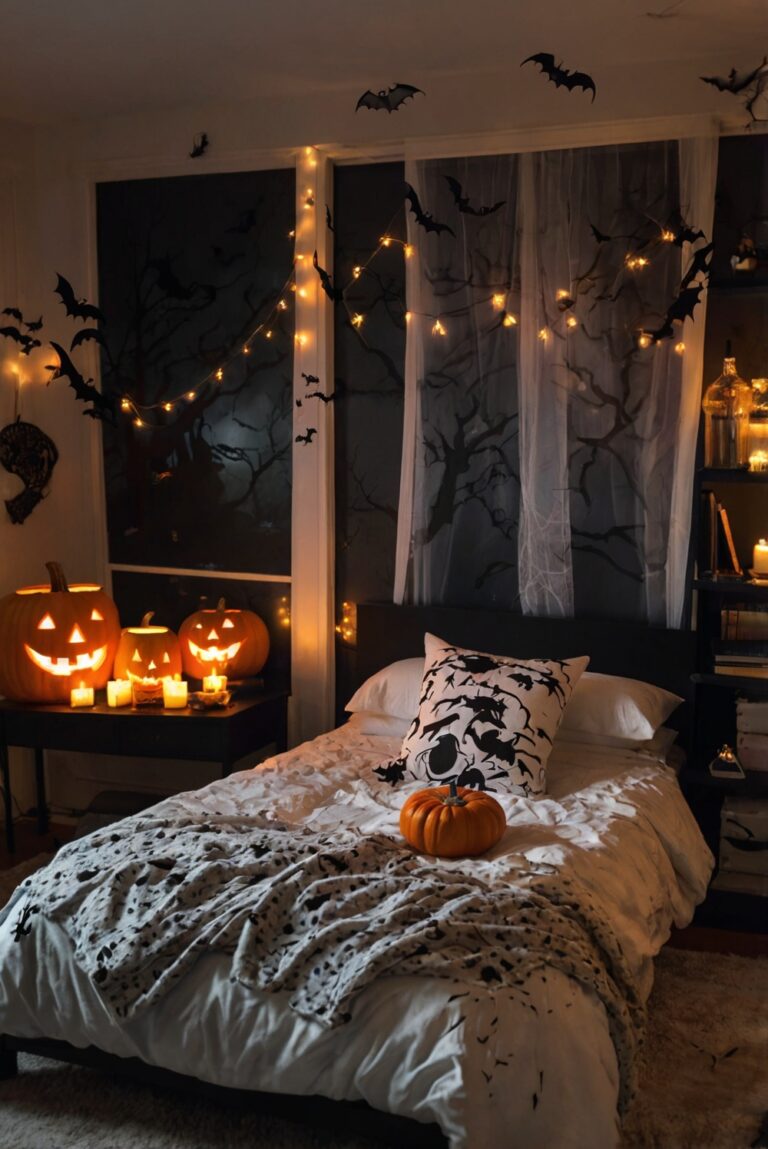 Halloween bedroom decor, spooky bedroom ideas, haunted house bedroom, creepy bedroom decorations, ghostly bedroom theme