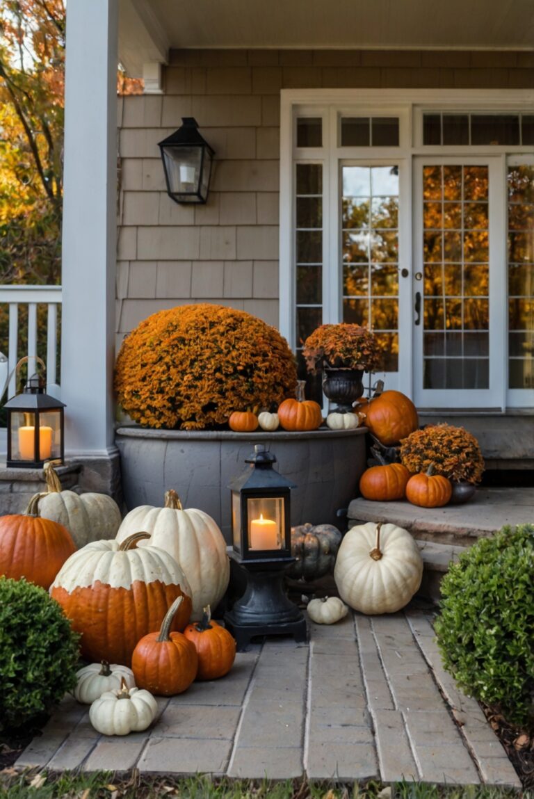 Fall porch decor, Front porch fall decorations, Outdoor fall decor, Autumn porch decorating, Porch railing decorations